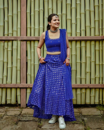 Blue Exquisite Heavy Georgette Embroidered Lehenga Set with Sequins & Net Dupatta ClothsVilla