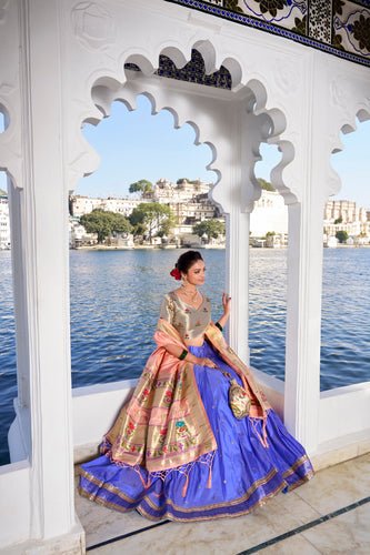 Blue Exquisite Jacquard Silk Paithani Lehenga with Zari Weaving Work & Matching Batwa
