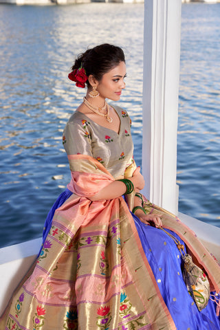 Blue Exquisite Jacquard Silk Paithani Lehenga with Zari Weaving Work & Matching Batwa