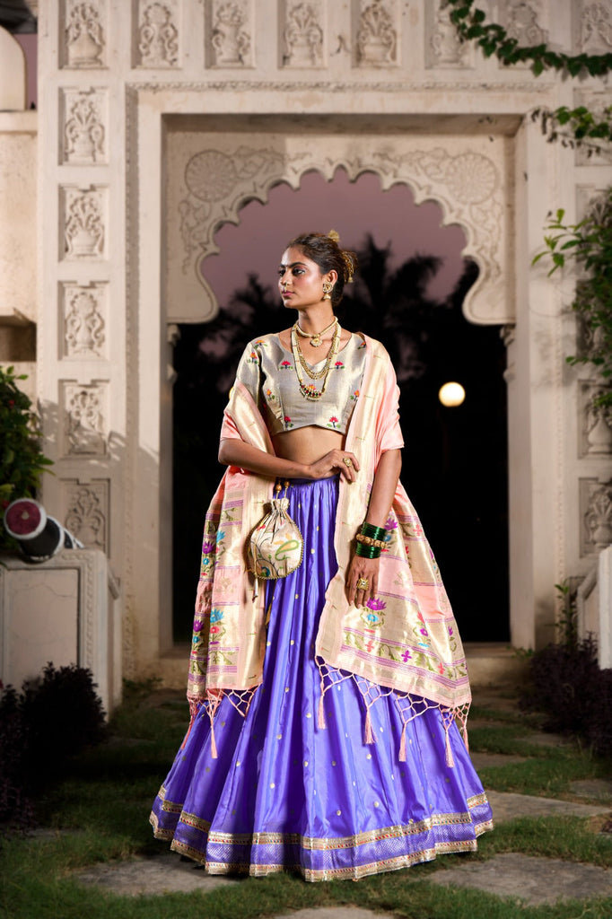 Blue Exquisite Jacquard Silk Paithani Lehenga with Zari Weaving Work & Matching Batwa ClothsVilla