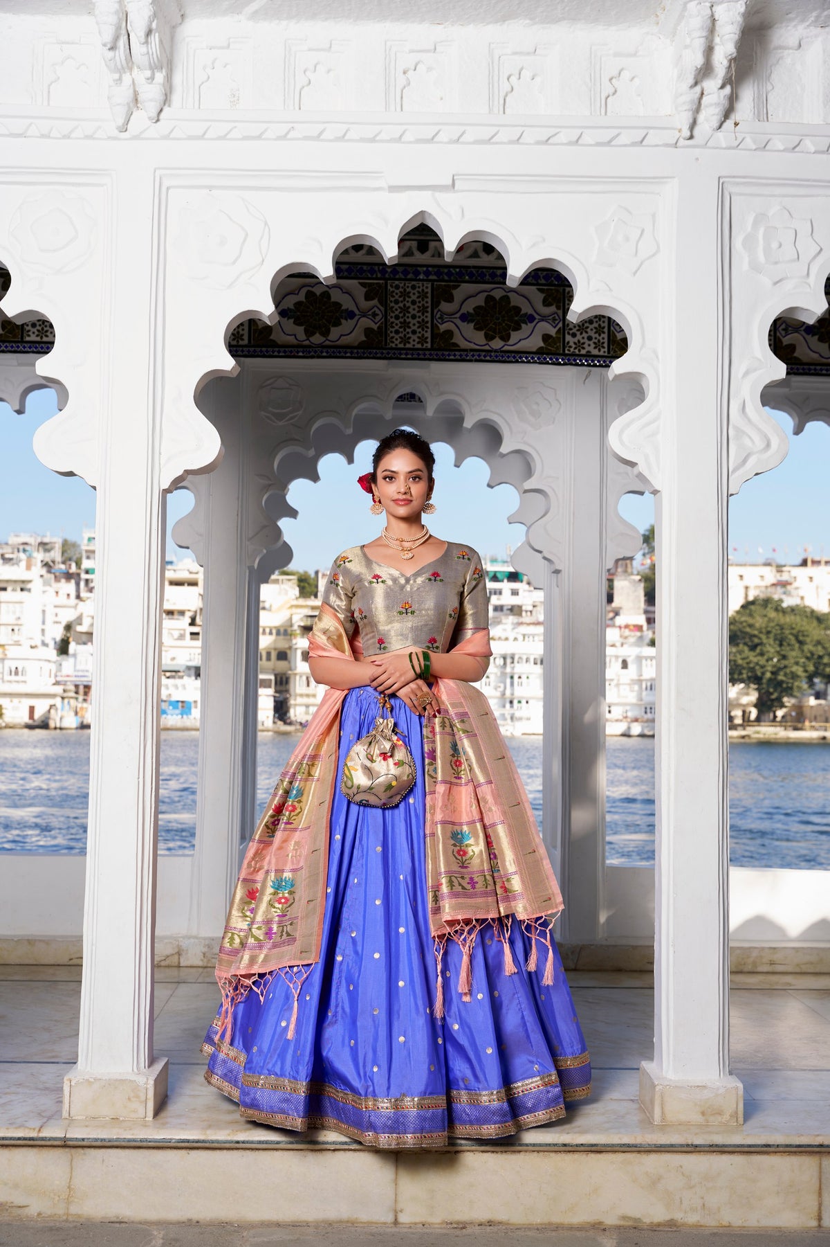 Blue Exquisite Jacquard Silk Paithani Lehenga with Zari Weaving Work & Matching Batwa Main image