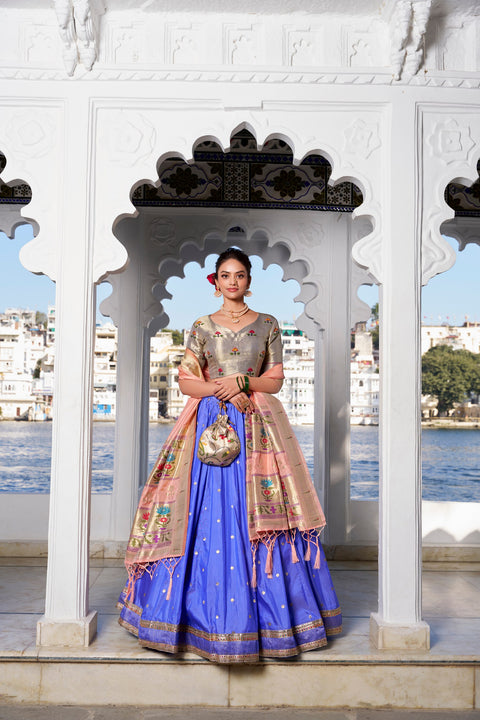 Blue Exquisite Jacquard Silk Paithani Lehenga with Zari Weaving Work & Matching Batwa Main image