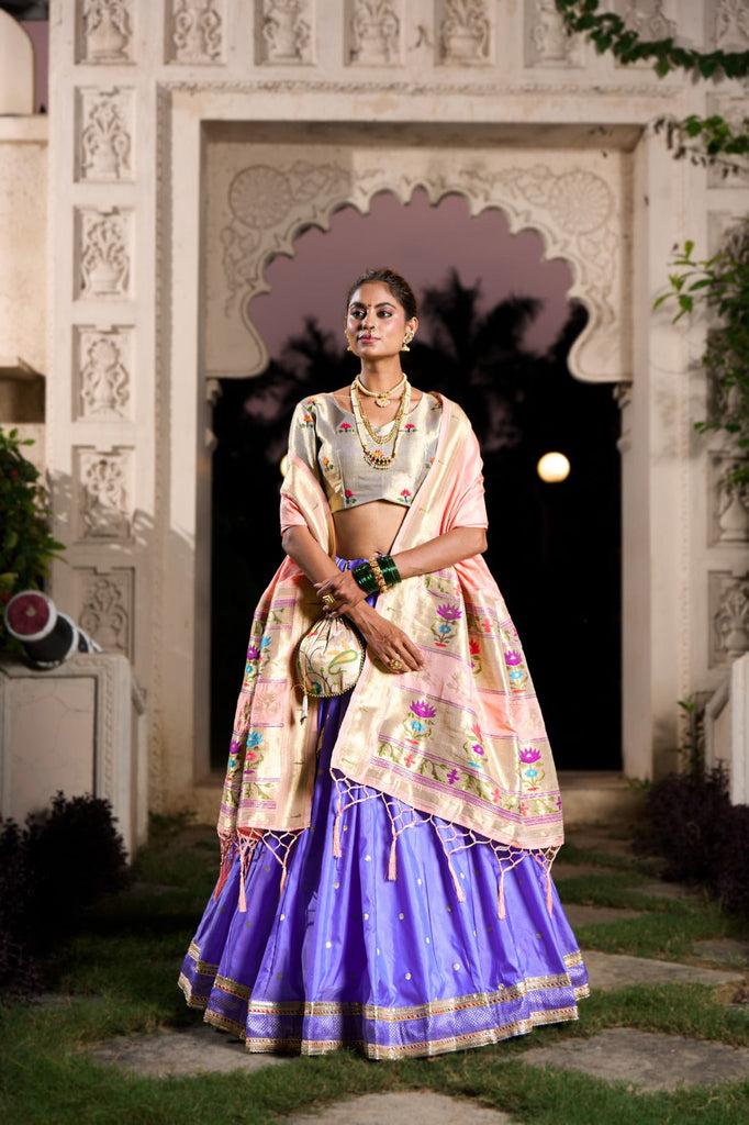 Blue Exquisite Jacquard Silk Paithani Lehenga with Zari Weaving Work & Matching Batwa ClothsVilla
