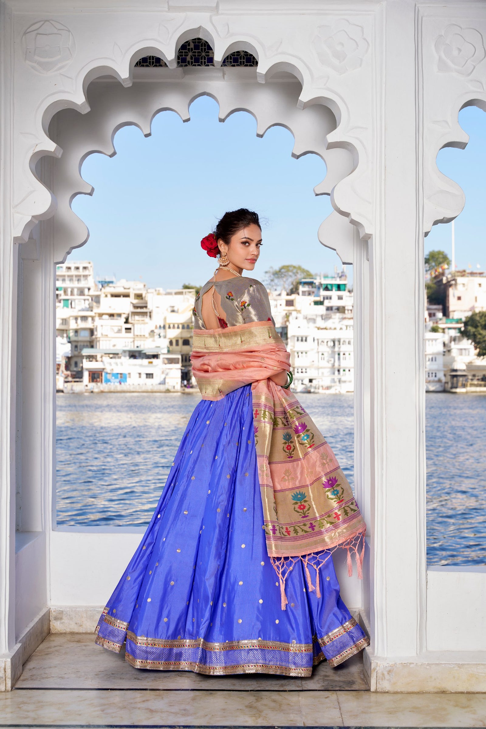 Blue Exquisite Jacquard Silk Paithani Lehenga with Zari Weaving Work & Matching Batwa