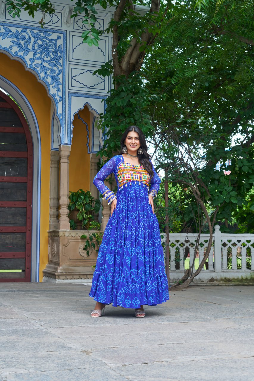 Blue Faux Georgette Bandhani Print Gown with Kutchi Patchwork – Full Sleeves, 12 Meter Flair, Cotton Lining ClothsVilla