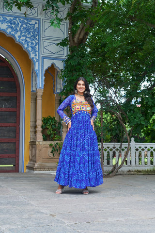 Blue Faux Georgette Bandhani Print Gown with Kutchi Patchwork – Full Sleeves, 12 Meter Flair, Cotton Lining ClothsVilla