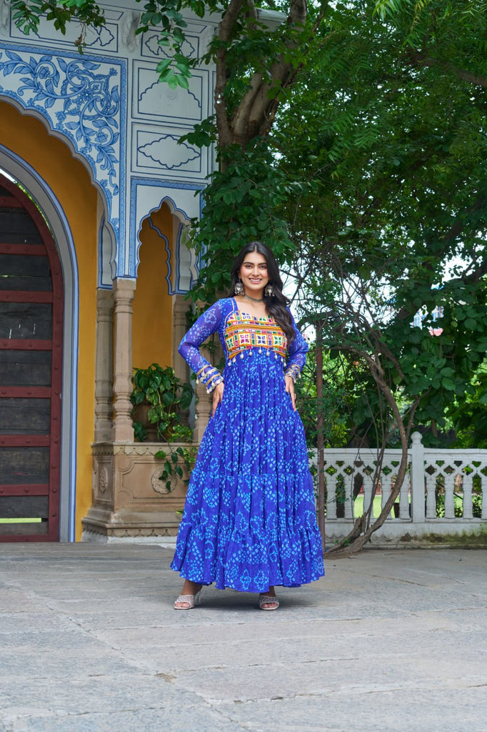 Blue Faux Georgette Bandhani Print Gown with Kutchi Patchwork – Full Sleeves, 12 Meter Flair, Cotton Lining ClothsVilla