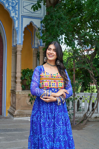 Blue Faux Georgette Bandhani Print Gown with Kutchi Patchwork – Full Sleeves, 12 Meter Flair, Cotton Lining ClothsVilla