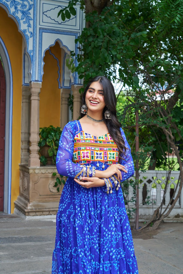 Blue Faux Georgette Bandhani Print Gown with Kutchi Patchwork – Full Sleeves, 12 Meter Flair, Cotton Lining ClothsVilla