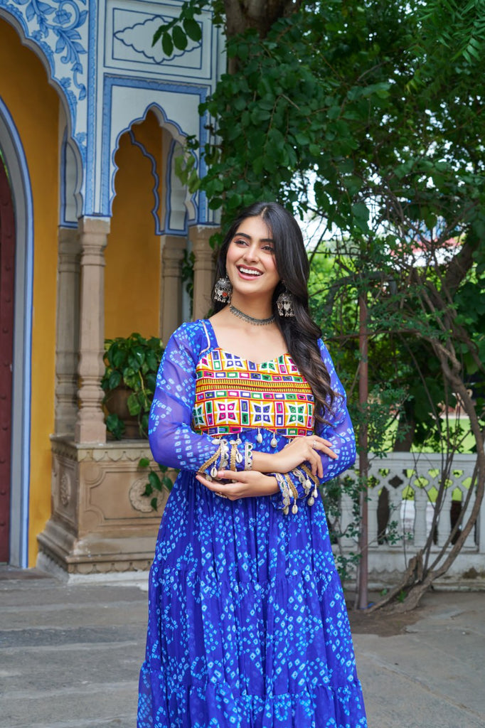 Blue Faux Georgette Bandhani Print Gown with Kutchi Patchwork – Full Sleeves, 12 Meter Flair, Cotton Lining ClothsVilla