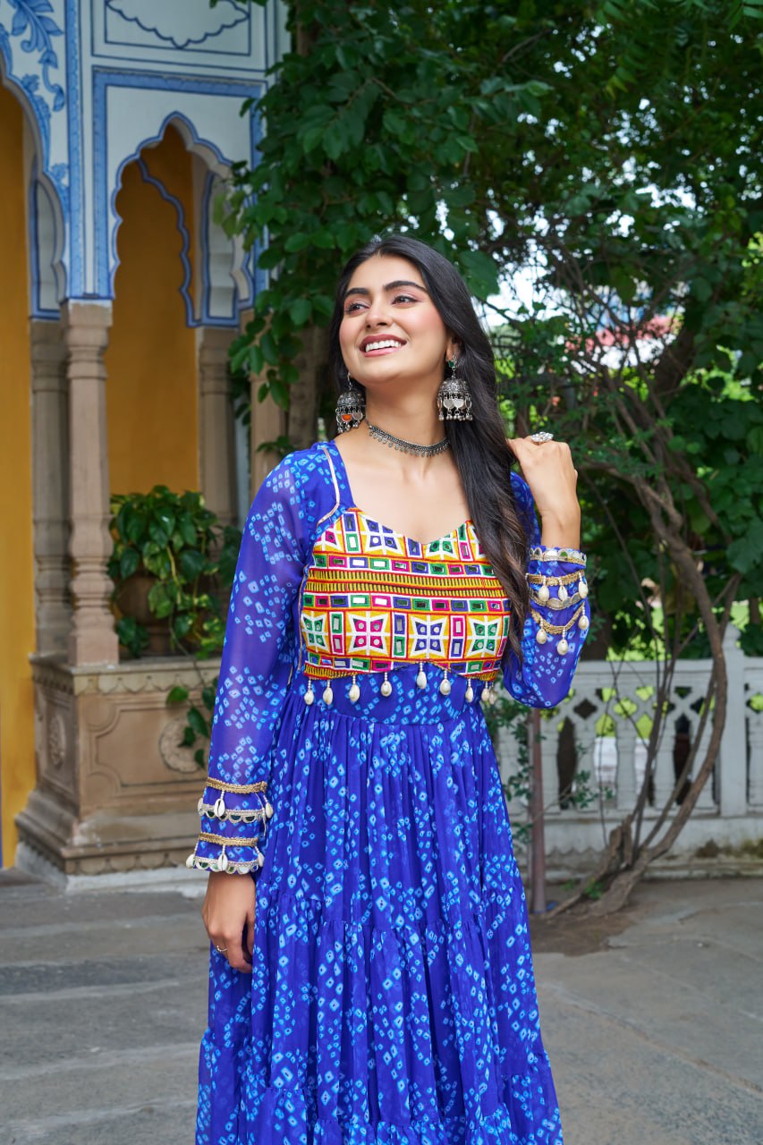 Blue Faux Georgette Bandhani Print Gown with Kutchi Patchwork – Full Sleeves, 12 Meter Flair, Cotton Lining ClothsVilla