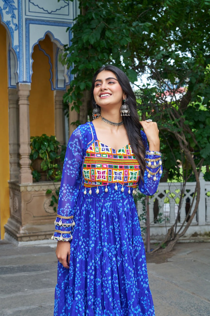 Blue Faux Georgette Bandhani Print Gown with Kutchi Patchwork – Full Sleeves, 12 Meter Flair, Cotton Lining ClothsVilla