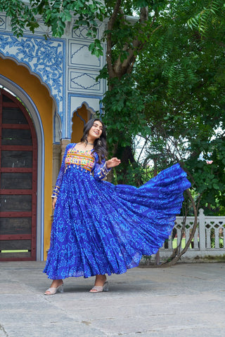 Blue Faux Georgette Bandhani Print Gown with Kutchi Patchwork – Full Sleeves, 12 Meter Flair, Cotton Lining ClothsVilla
