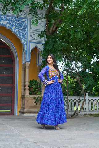 Blue Faux Georgette Bandhani Print Gown with Kutchi Patchwork – Full Sleeves, 12 Meter Flair, Cotton Lining ClothsVilla