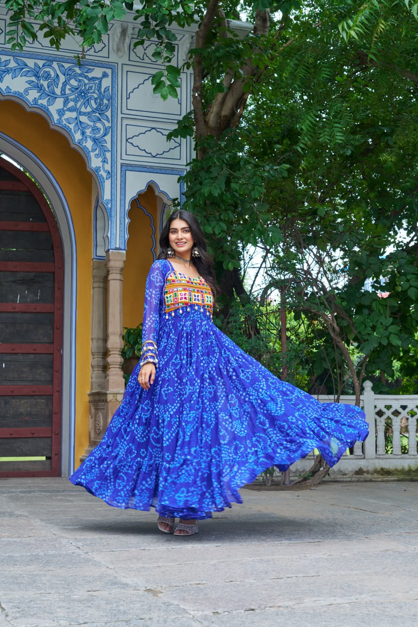 Blue Faux Georgette Bandhani Print Gown with Kutchi Patchwork – Full Sleeves, 12 Meter Flair, Cotton Lining ClothsVilla