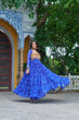 Load image into Gallery viewer, Blue Faux Georgette Bandhani Print Gown with Kutchi Patchwork – Full Sleeves, 12 Meter Flair, Cotton Lining ClothsVilla