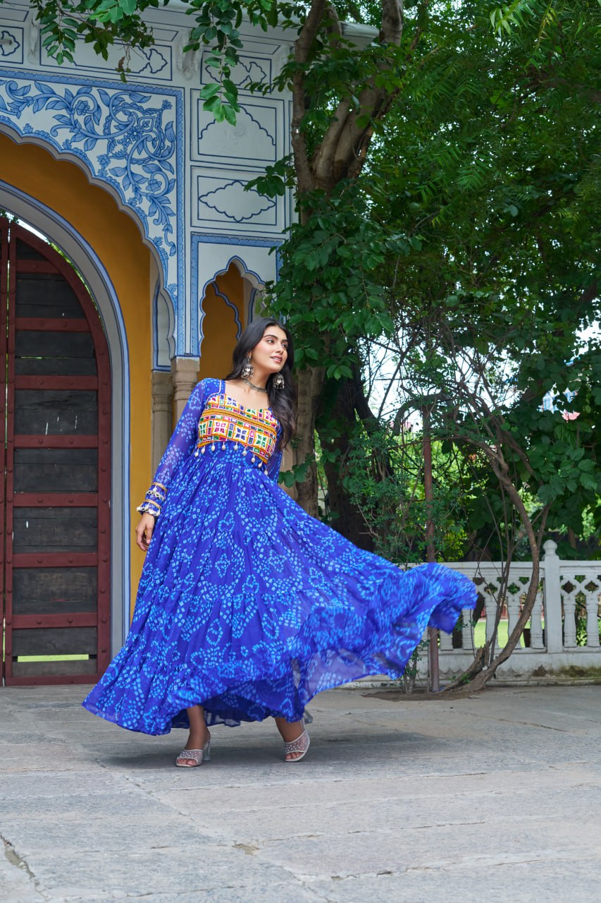 Blue Faux Georgette Bandhani Print Gown with Kutchi Patchwork – Full Sleeves, 12 Meter Flair, Cotton Lining ClothsVilla