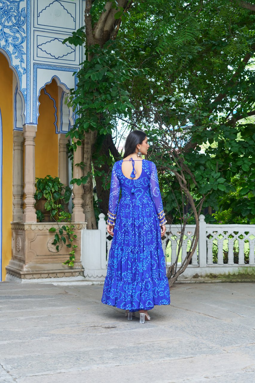 Blue Faux Georgette Bandhani Print Gown with Kutchi Patchwork – Full Sleeves, 12 Meter Flair, Cotton Lining ClothsVilla
