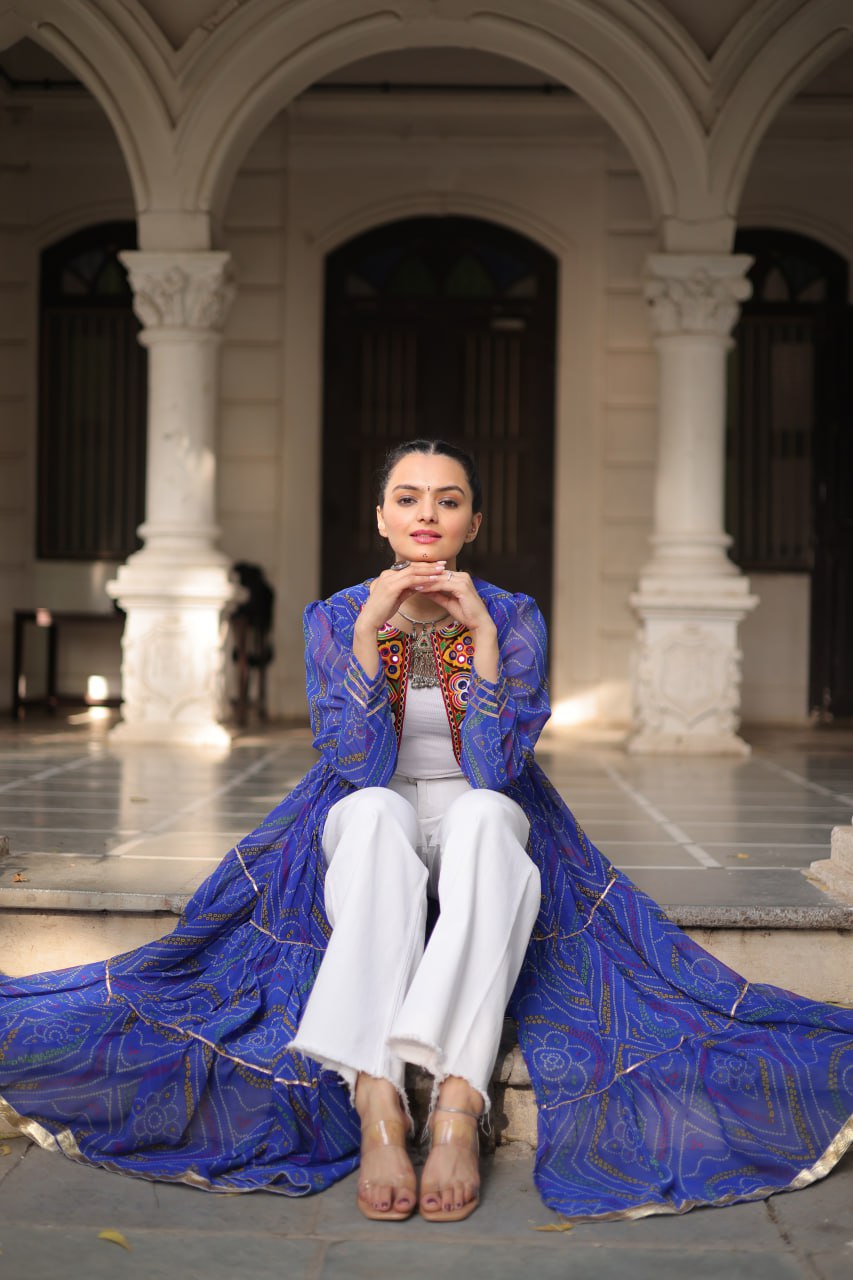 Blue Faux Georgette Bandhani Shrug with Kutchi Patchwork ClothsVilla