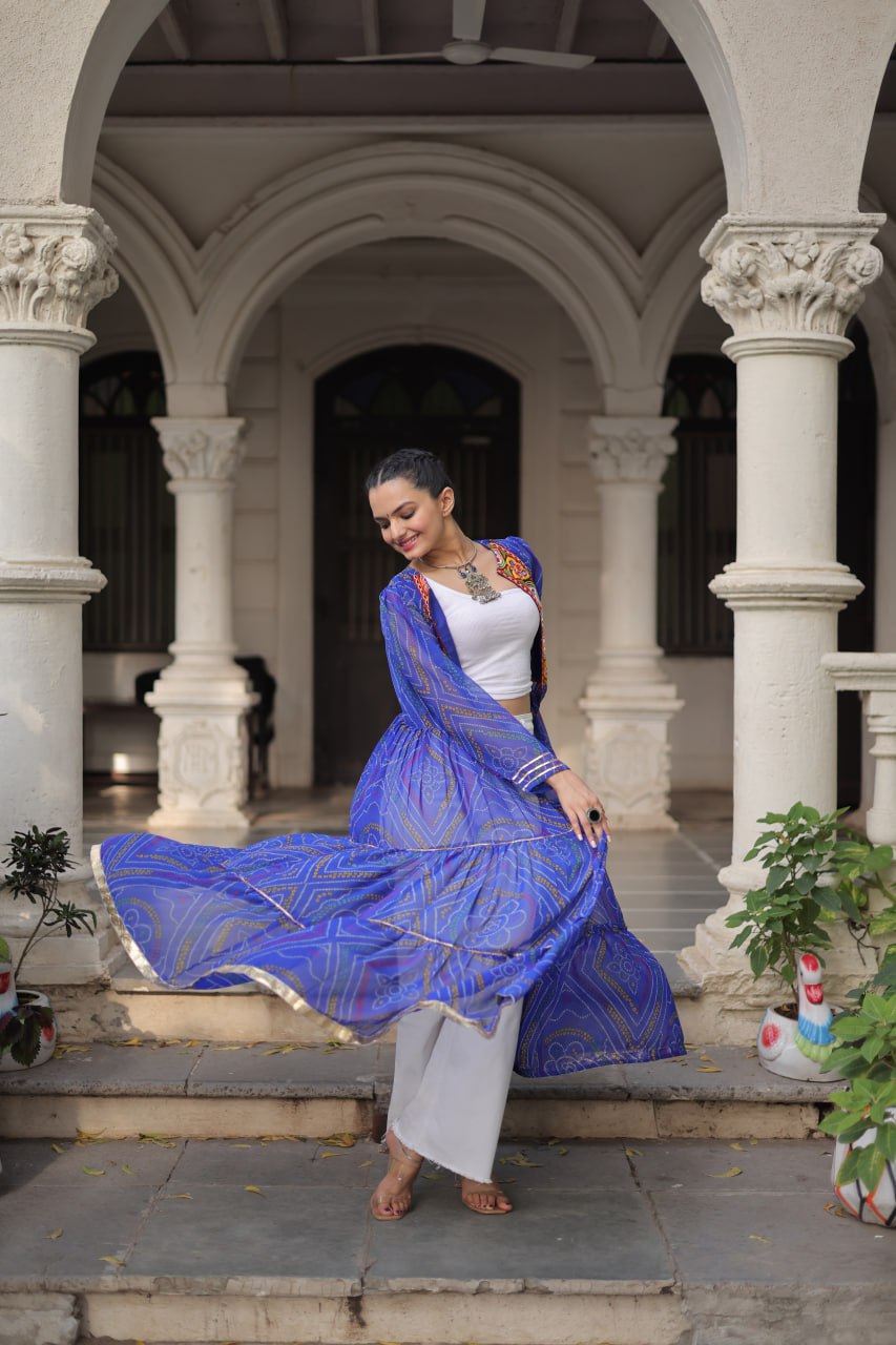 Blue Faux Georgette Bandhani Shrug with Kutchi Patchwork ClothsVilla