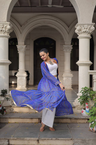 Blue Faux Georgette Bandhani Shrug with Kutchi Patchwork ClothsVilla