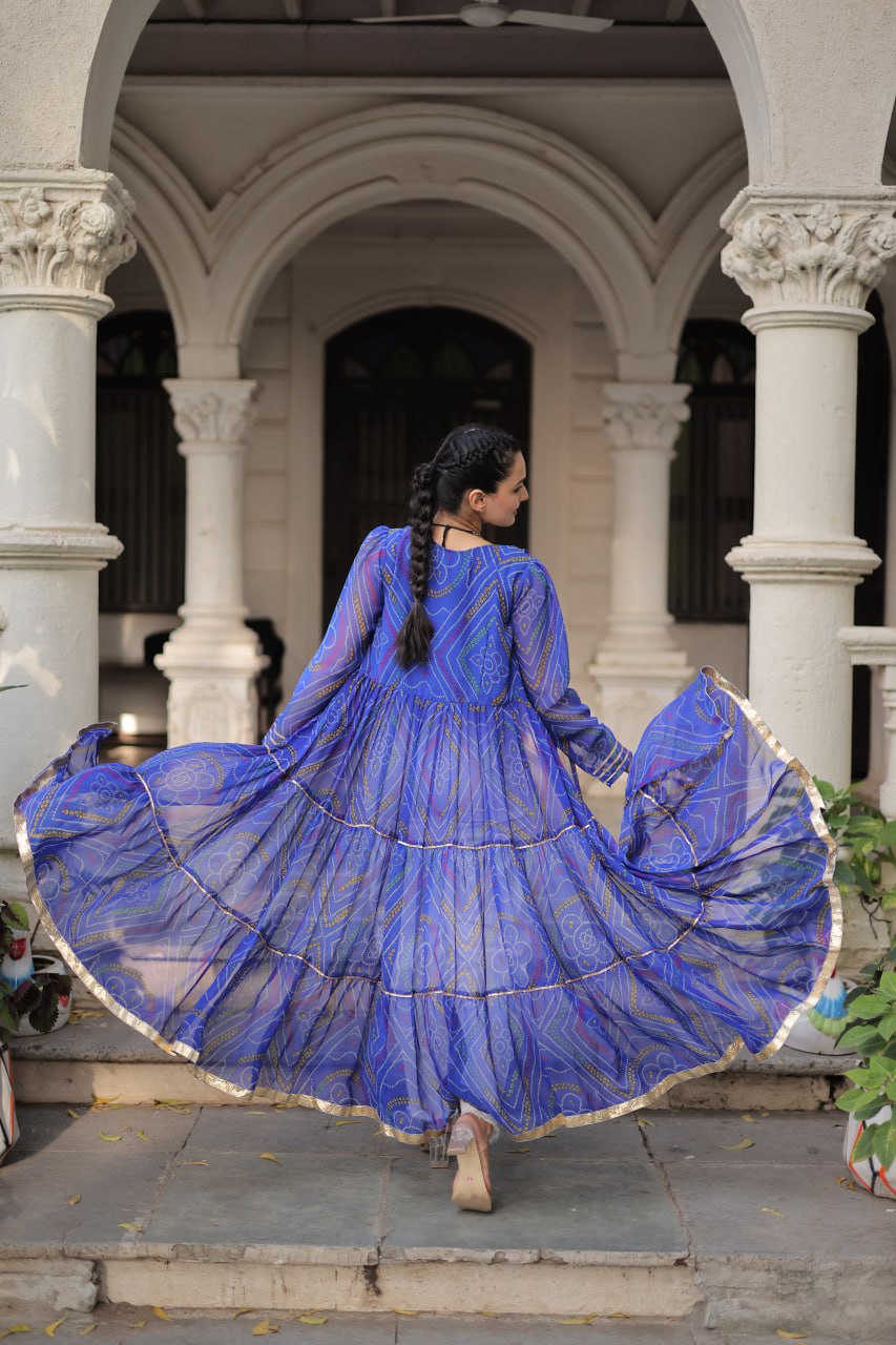 Blue Faux Georgette Bandhani Shrug with Kutchi Patchwork ClothsVilla