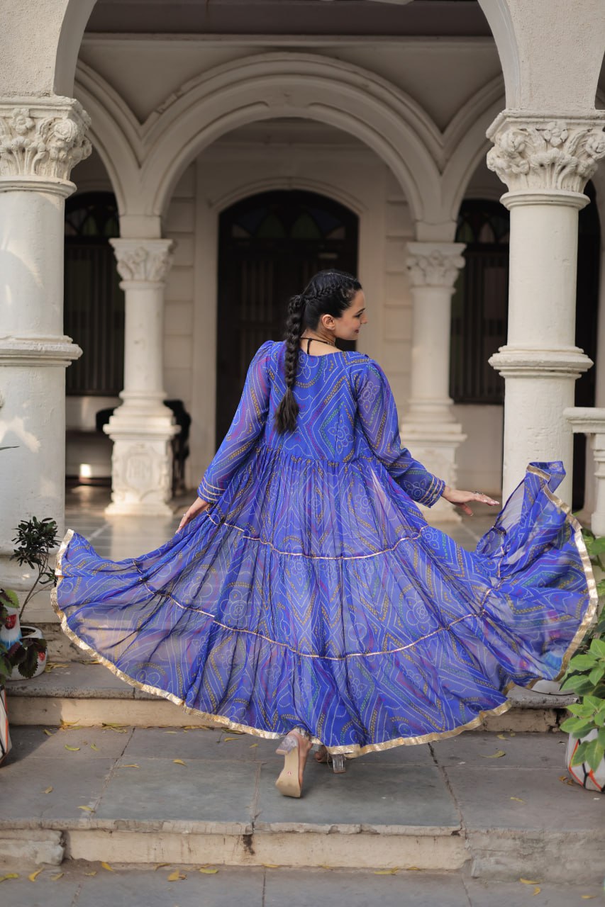 Blue Faux Georgette Bandhani Shrug with Kutchi Patchwork ClothsVilla