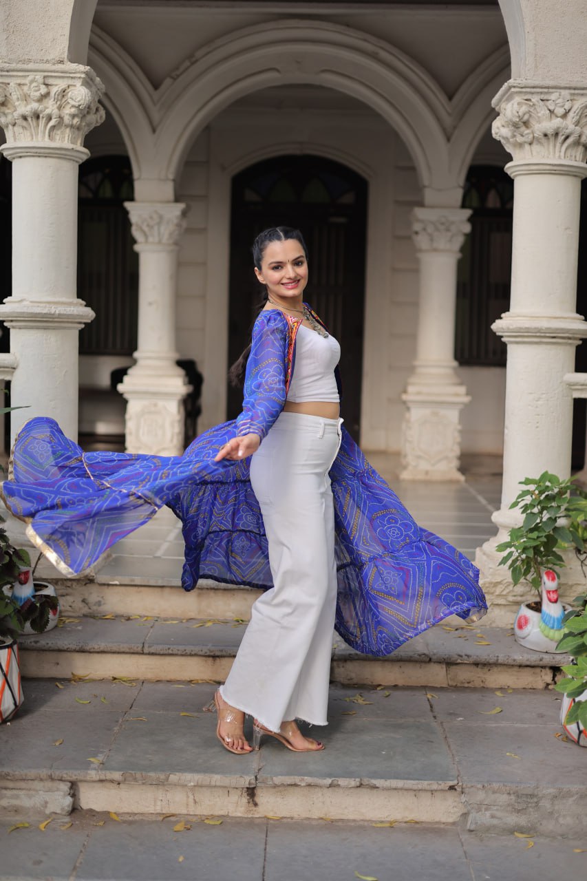Blue Faux Georgette Bandhani Shrug with Kutchi Patchwork ClothsVilla