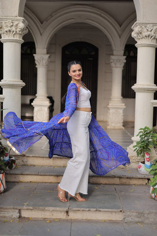 Blue Faux Georgette Bandhani Shrug with Kutchi Patchwork ClothsVilla