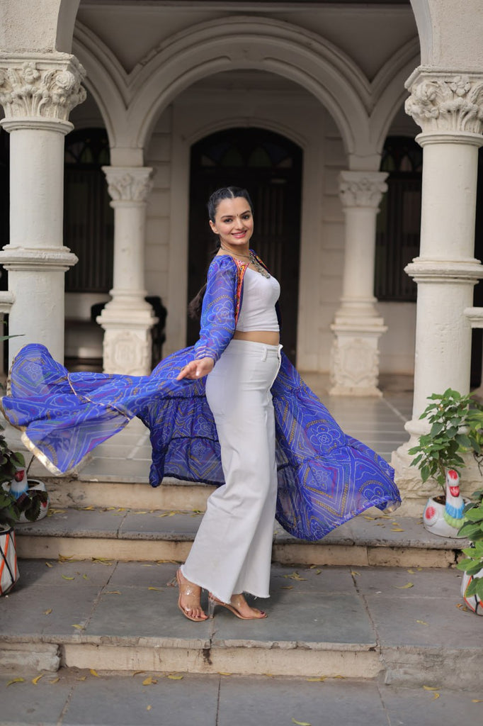 Blue Faux Georgette Bandhani Shrug with Kutchi Patchwork ClothsVilla