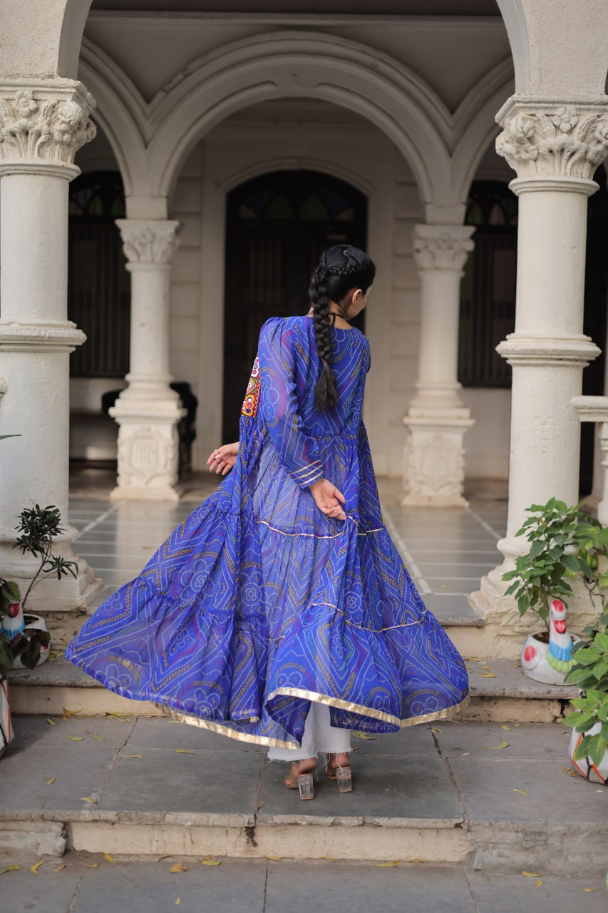 Blue Faux Georgette Bandhani Shrug with Kutchi Patchwork ClothsVilla