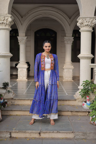 Blue Faux Georgette Bandhani Shrug with Kutchi Patchwork ClothsVilla