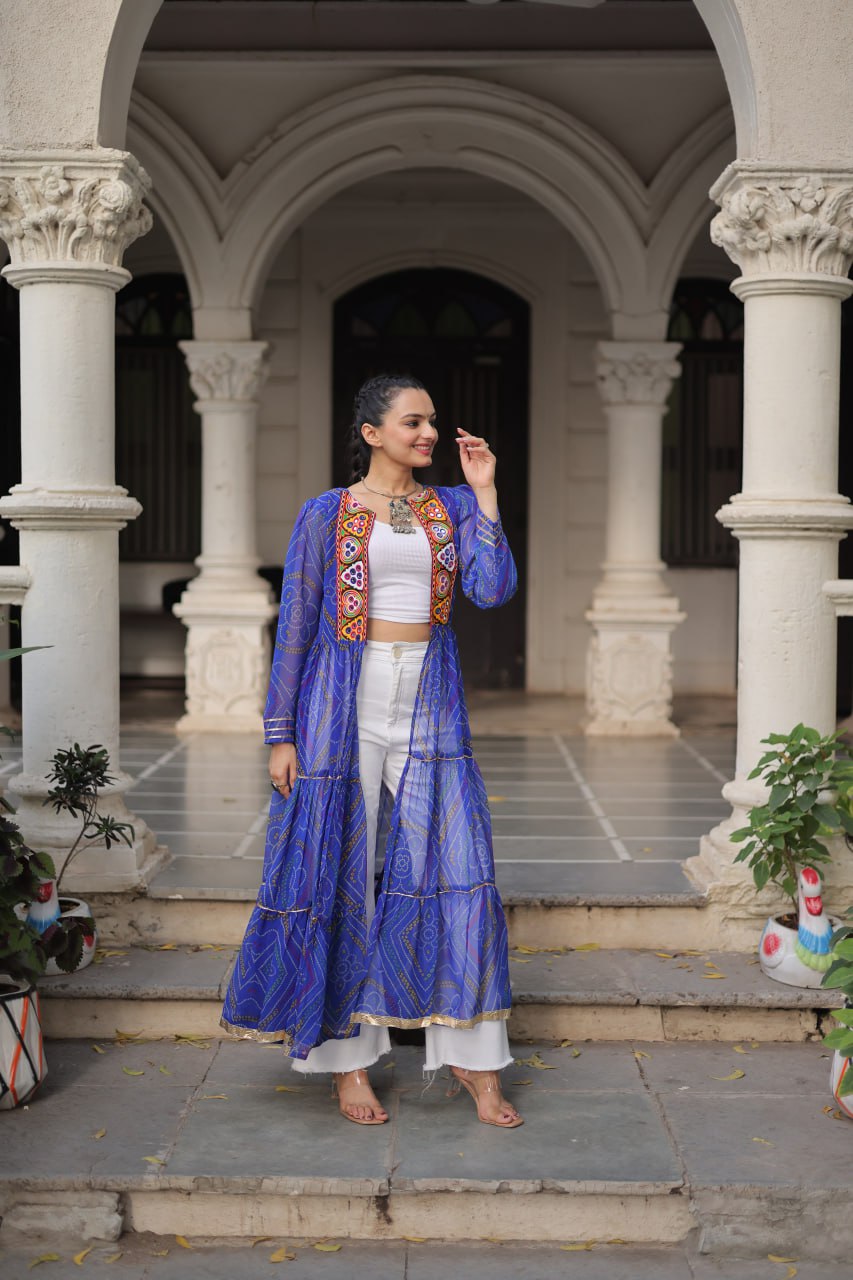 Blue Faux Georgette Bandhani Shrug with Kutchi Patchwork ClothsVilla
