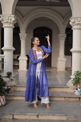 Blue Faux Georgette Bandhani Shrug with Kutchi Patchwork ClothsVilla