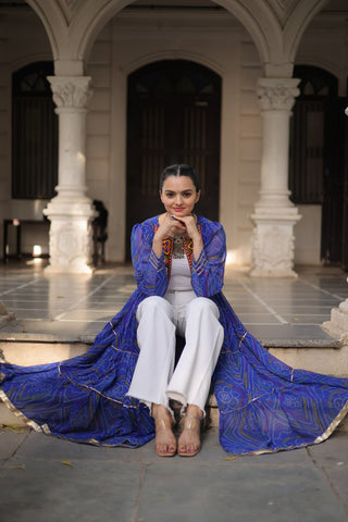 Blue Faux Georgette Bandhani Shrug with Kutchi Patchwork ClothsVilla