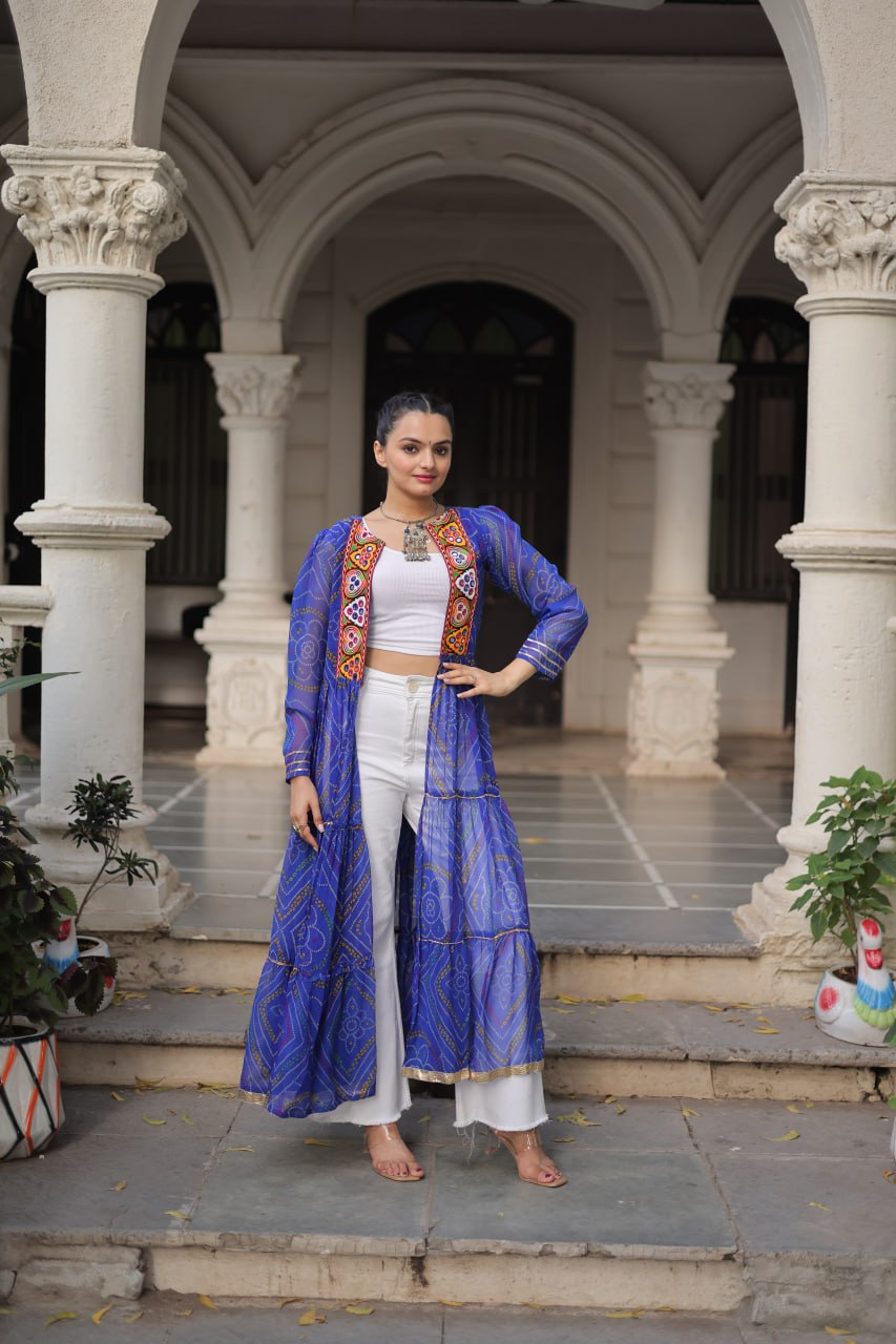Blue Faux Georgette Bandhani Shrug with Kutchi Patchwork ClothsVilla