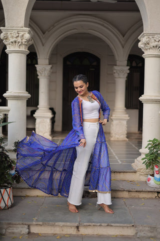 Blue Faux Georgette Bandhani Shrug with Kutchi Patchwork ClothsVilla