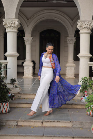 Blue Faux Georgette Bandhani Shrug with Kutchi Patchwork ClothsVilla