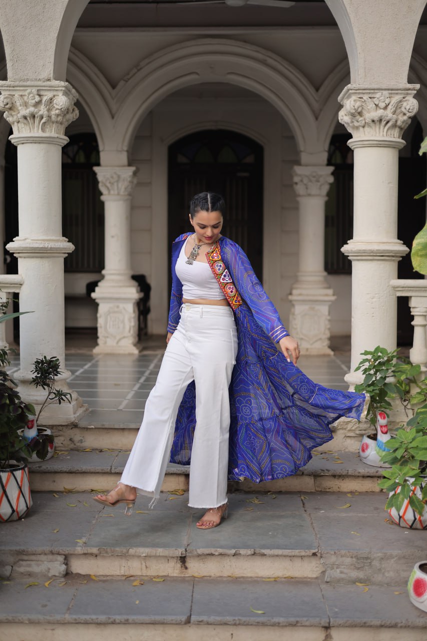 Blue Faux Georgette Bandhani Shrug with Kutchi Patchwork ClothsVilla