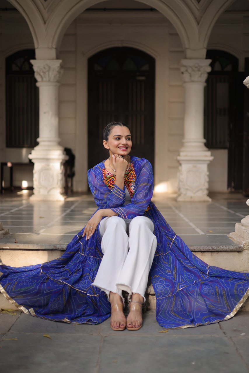 Blue Faux Georgette Bandhani Shrug with Kutchi Patchwork ClothsVilla