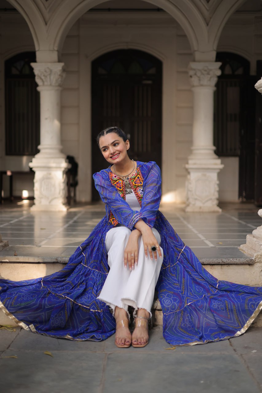 Blue Faux Georgette Bandhani Shrug with Kutchi Patchwork ClothsVilla