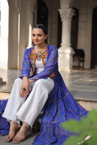 Blue Faux Georgette Bandhani Shrug with Kutchi Patchwork ClothsVilla