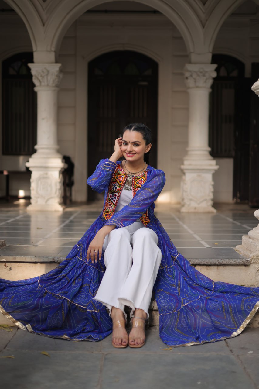 Blue Faux Georgette Bandhani Shrug with Kutchi Patchwork ClothsVilla