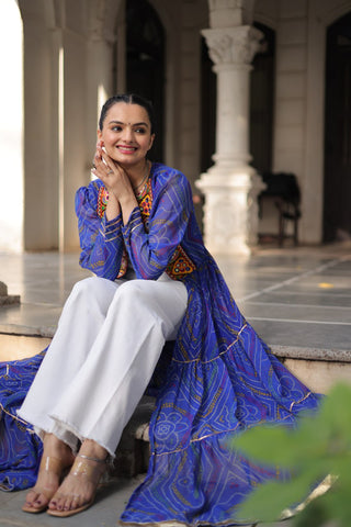 Blue Faux Georgette Bandhani Shrug with Kutchi Patchwork ClothsVilla