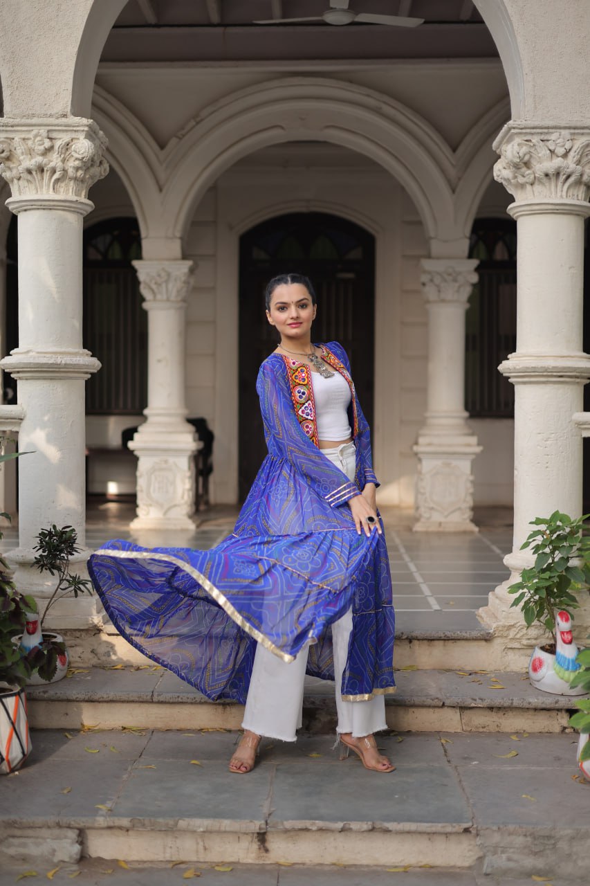 Blue Faux Georgette Bandhani Shrug with Kutchi Patchwork ClothsVilla