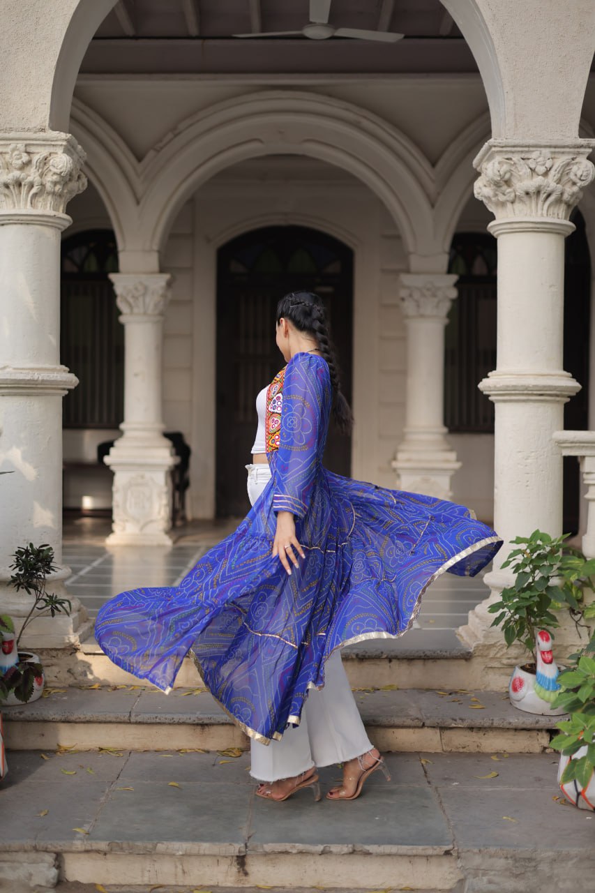Blue Faux Georgette Bandhani Shrug with Kutchi Patchwork ClothsVilla