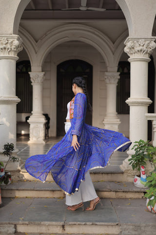 Blue Faux Georgette Bandhani Shrug with Kutchi Patchwork ClothsVilla