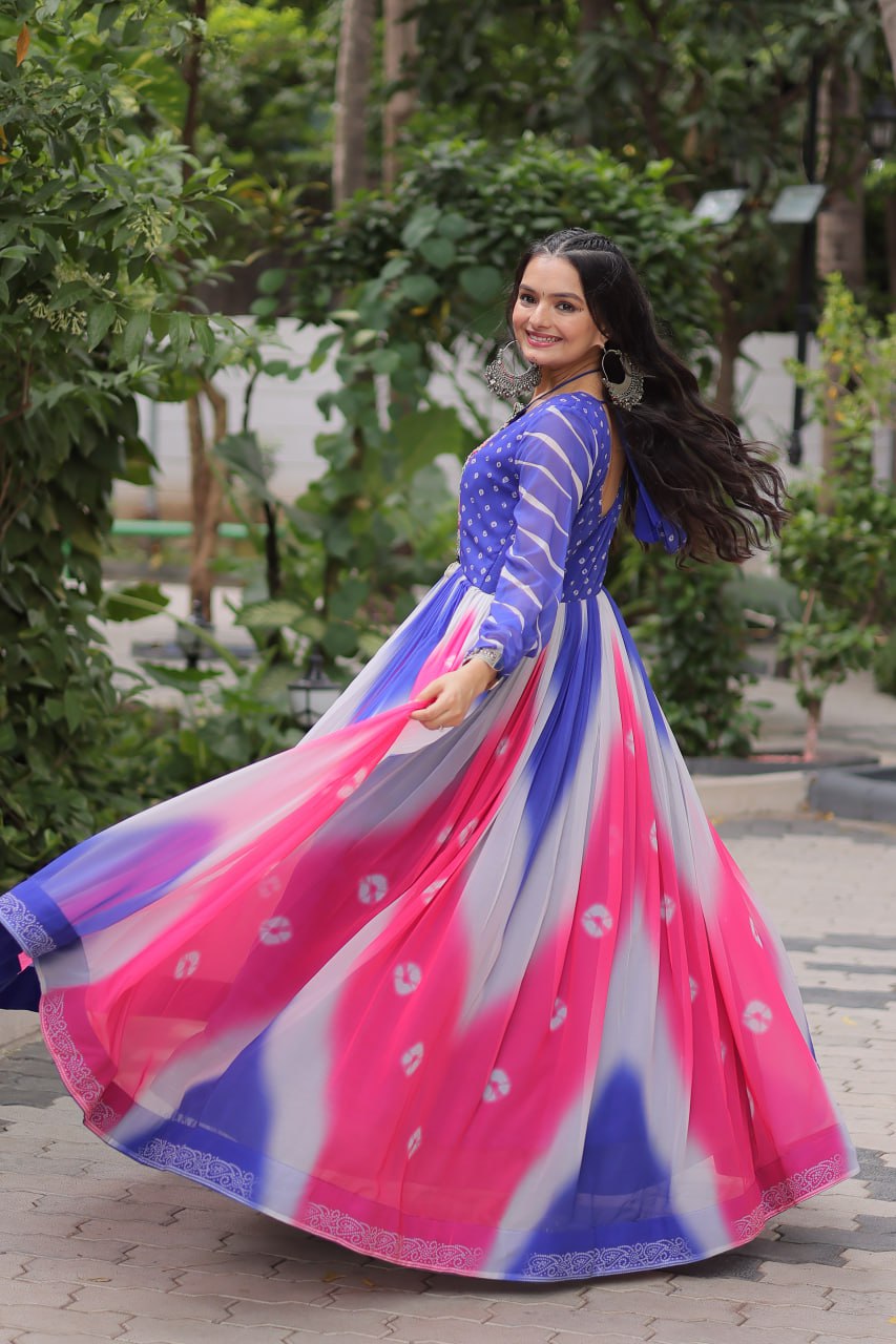 Blue Faux Georgette Bandhej Print Gown with Gamthi Embroidery & Mirror Work ClothsVilla