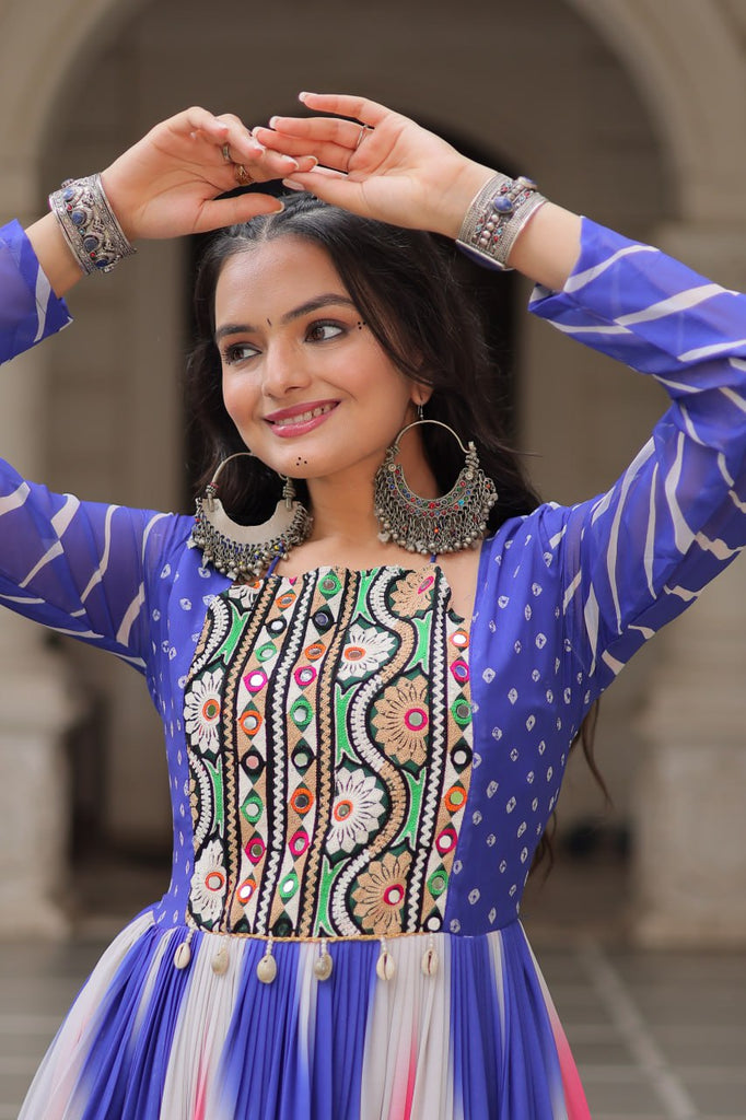 Blue Faux Georgette Bandhej Print Gown with Gamthi Embroidery & Mirror Work ClothsVilla