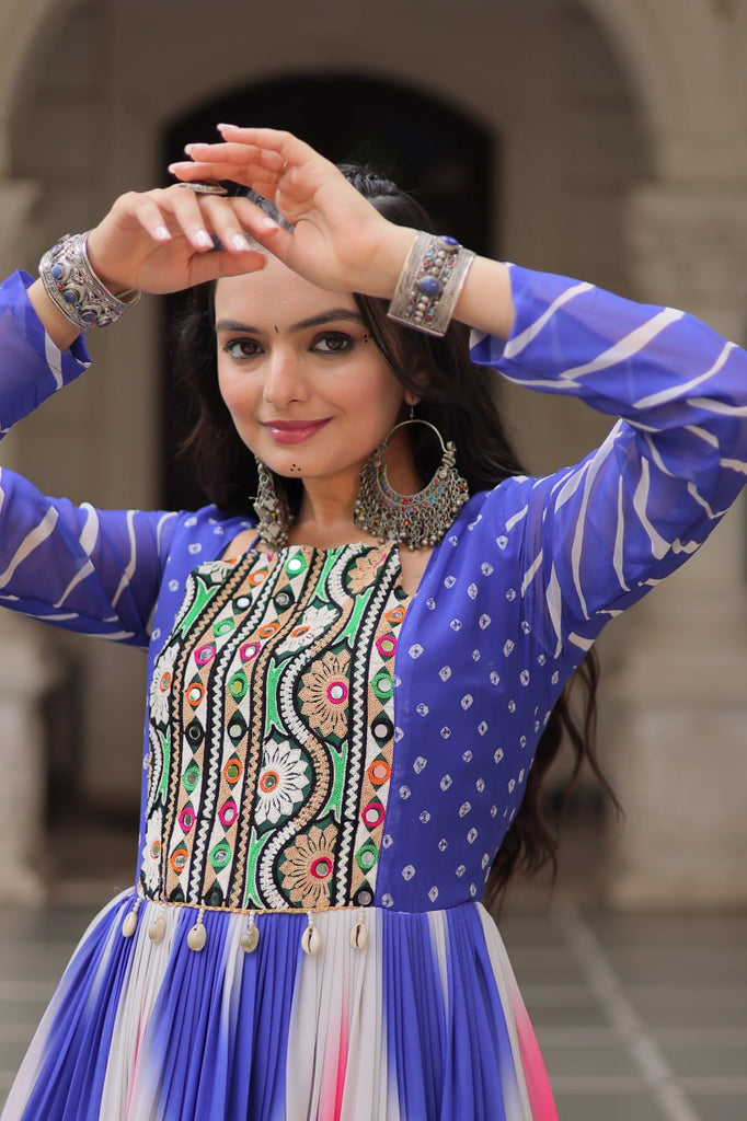 Blue Faux Georgette Bandhej Print Gown with Gamthi Embroidery & Mirror Work ClothsVilla